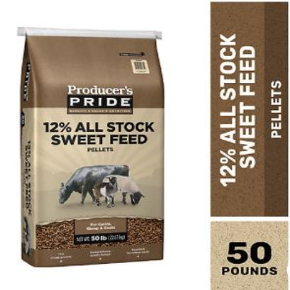Producer's Pride 12% All Stock Sweet Feed package with a cow and pig illustration.
