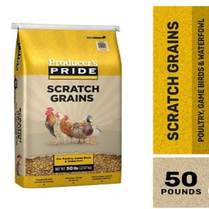 Bag of Producers Pride Scratch Grains for poultry with a yellow and beige design.